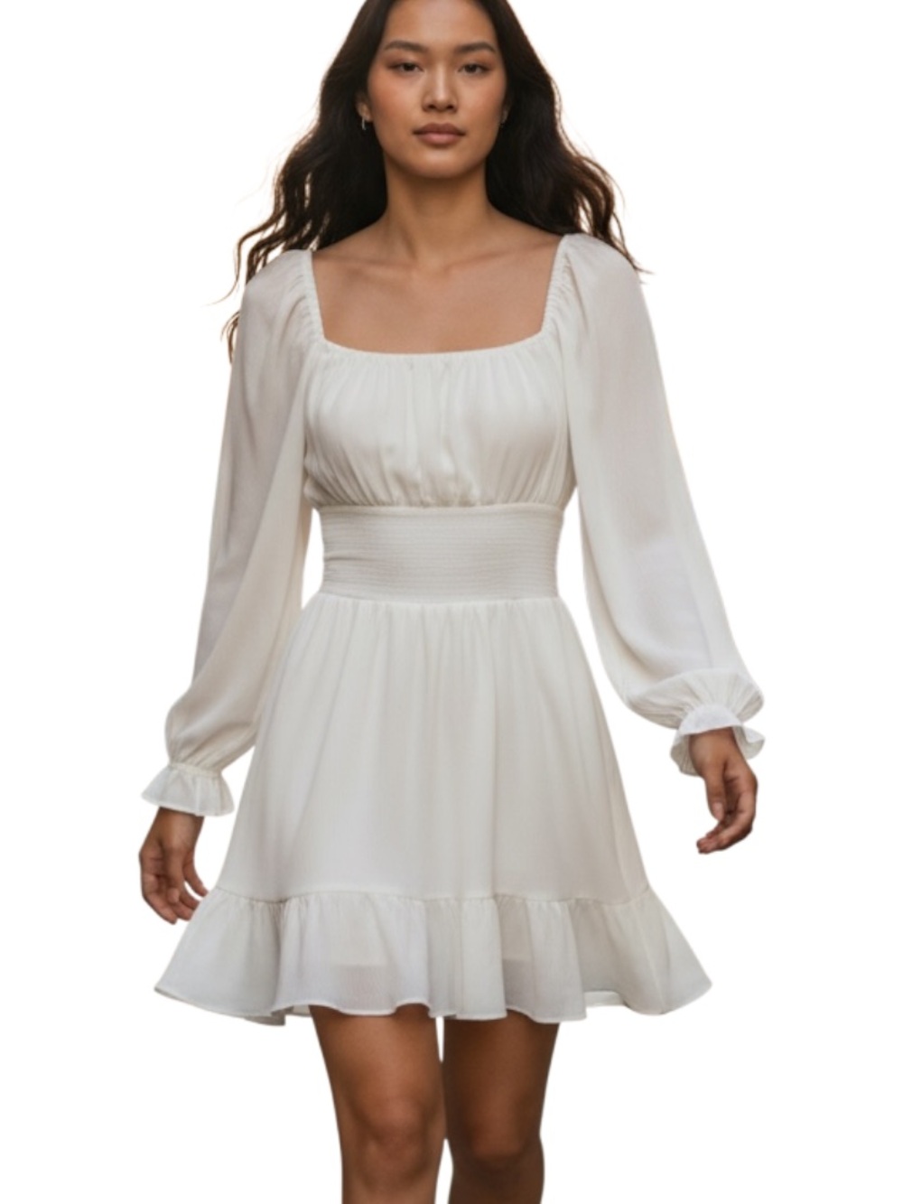 Source Unknown White Long-Sleeve Smocked Mini Dress